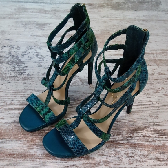 Jessica Simpson Shoes - Teal Green Reptile Skin Strappy Open Toe Heels